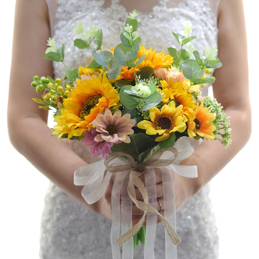 JaneVini – Bouquet de mariée tournesol jaune, fausses fleurs, feuilles vertes, roses artificielles, broches de mariée,: Bridal Bouquet B