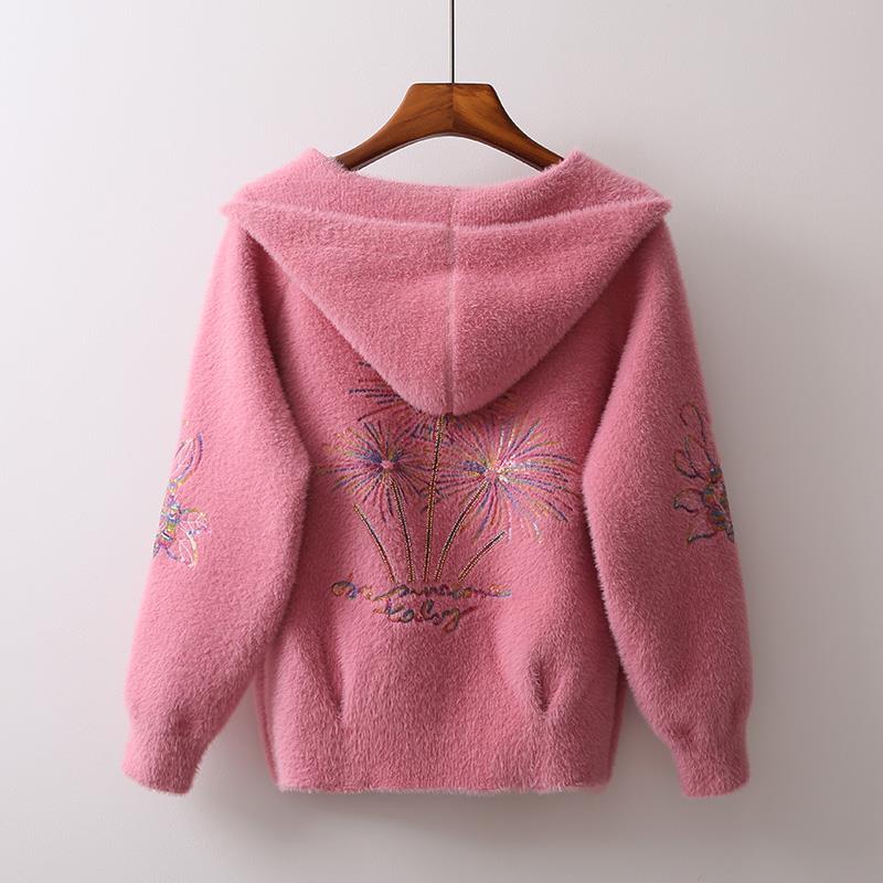 Vrouwen Jas Met Imitatie Nerts Fluwelen Jassen Korte Herfst En Winter Bloemen Mmbroidery Fluwelen Gebreid Vest Dikke: Roze / M