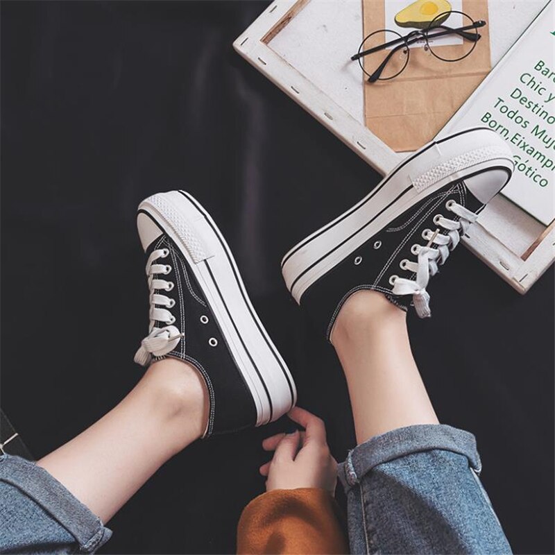 Verano de las mujeres de la Zapatos casuales zapatos de mujer Color caramelo zapatos de plataforma de lona Lisa zapatillas de mujer de fondo grueso zapatos vulcanizados