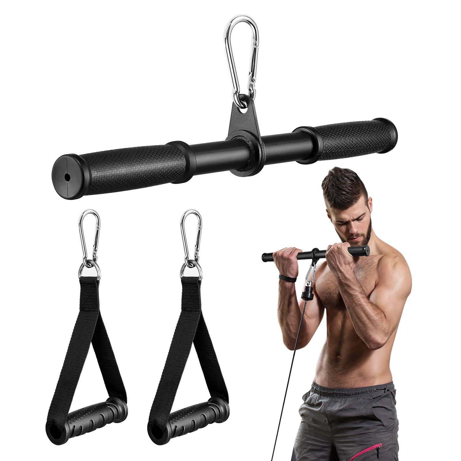 Abaodam Down Bar with Carabiners Exercise Hand Handles Rotating Straight Bar for Home Gym Cable Machine Attachment: Default Title
