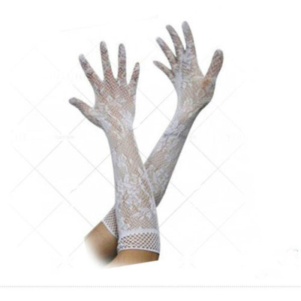 3 Colors Womens Stretch Lace Opear/Long Length Gloves Black White Red: White