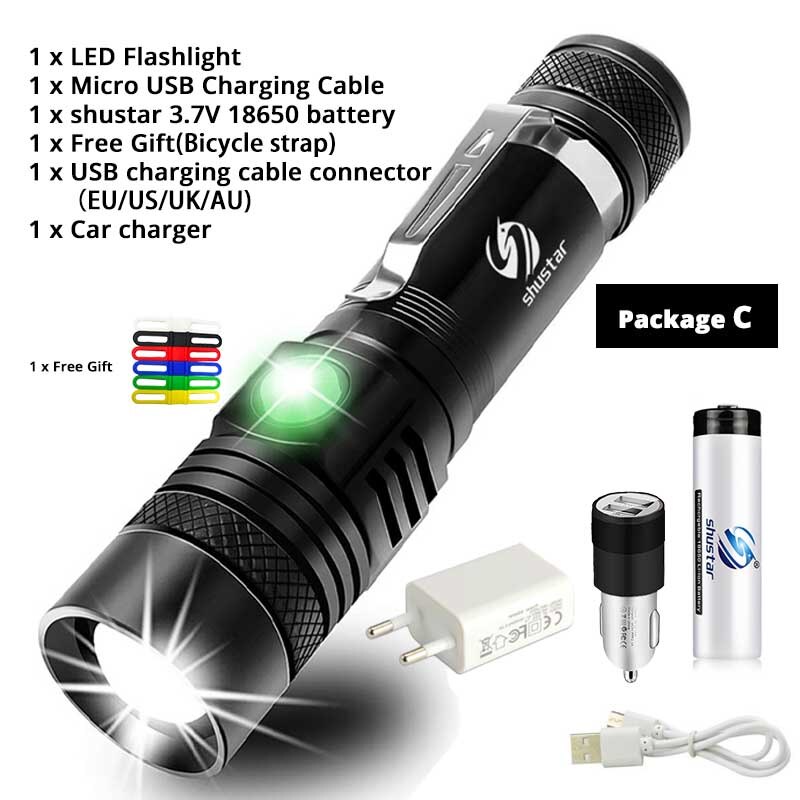 Ultralys ledet-lommelykt med xp-l  v6 ledet-lampeperler vanntett lommelykt zoombar 4 lysmoduser multifunksjons usb-frakt: Pakke c / T6- lav lysstyrke
