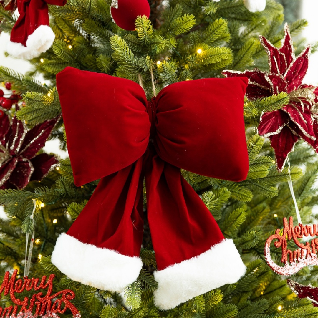 Weihnachtsbaum, rot Dekorationen, Beflockung, Weihnachtsbaumspitze, Stern, Schleife, Blume, Burgunderrot, Pailletten, Weihnachtskugeln, Neujahrsparty-Dekorationen