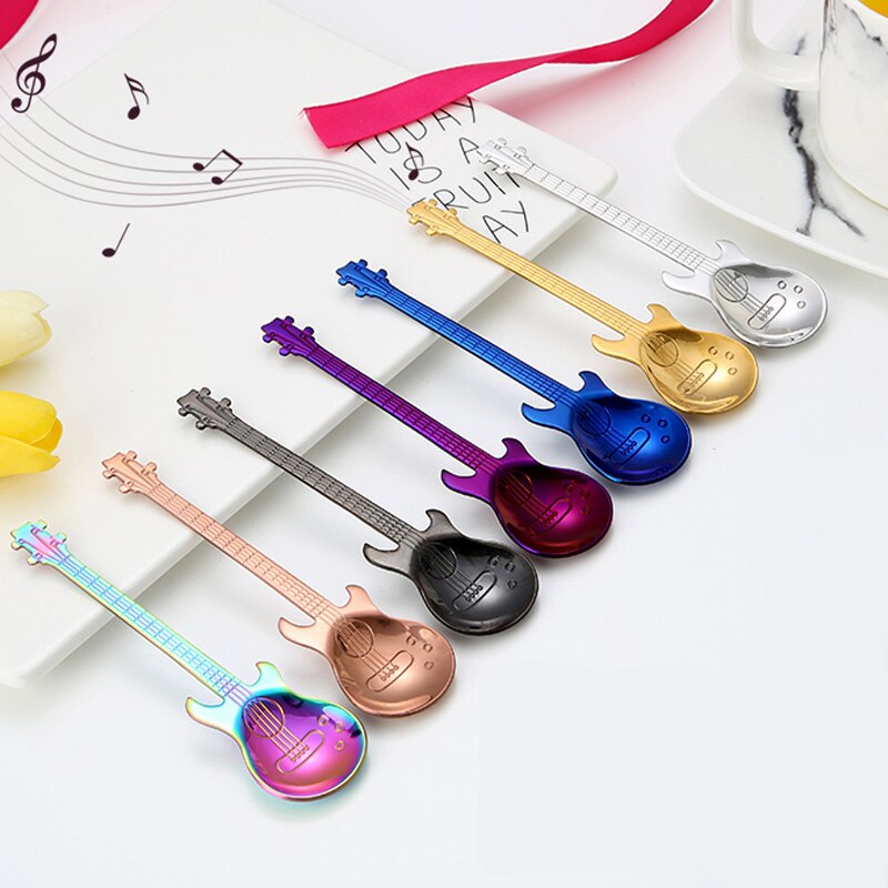 1pcs Stainless Steel Guitar Coffee Spoon Shaped Love Teaspoon Children Spoon 7 Colors Coffee Tea Use