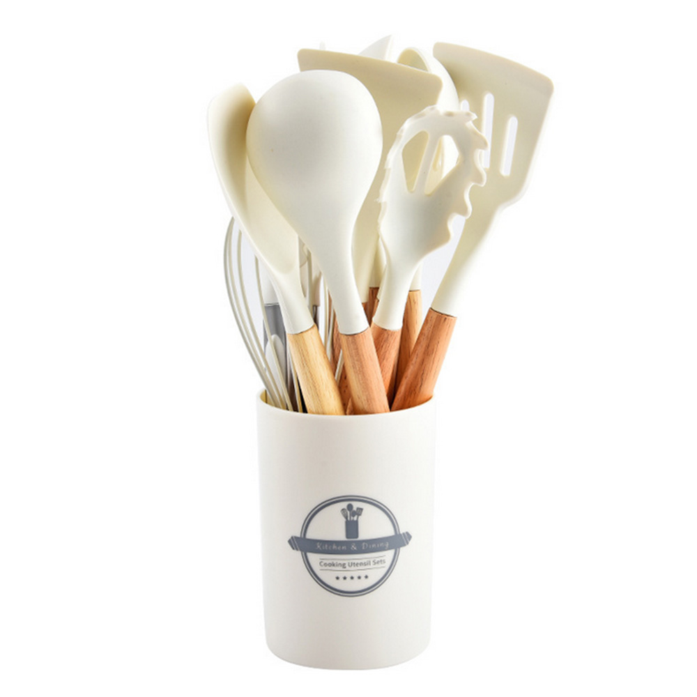 12 Stuks Siliconen Keukengerei Non-stick Kookgerei Keukengerei Set Spatel Schop Eikloppers Houten Handvat Koken Tool set: WHITE