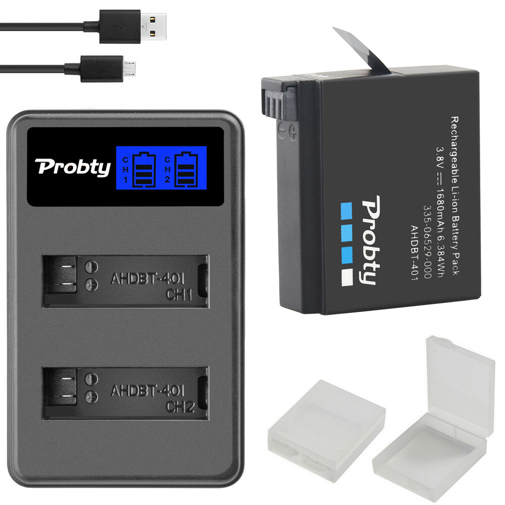 Probty-batería Original para GoPro Hero4 Hero 4 + cargador dual LCD para go pro AHDBT-401 HERO4, Cámara de Acción accesorio para, color negro y plateado: 1battery withcharger