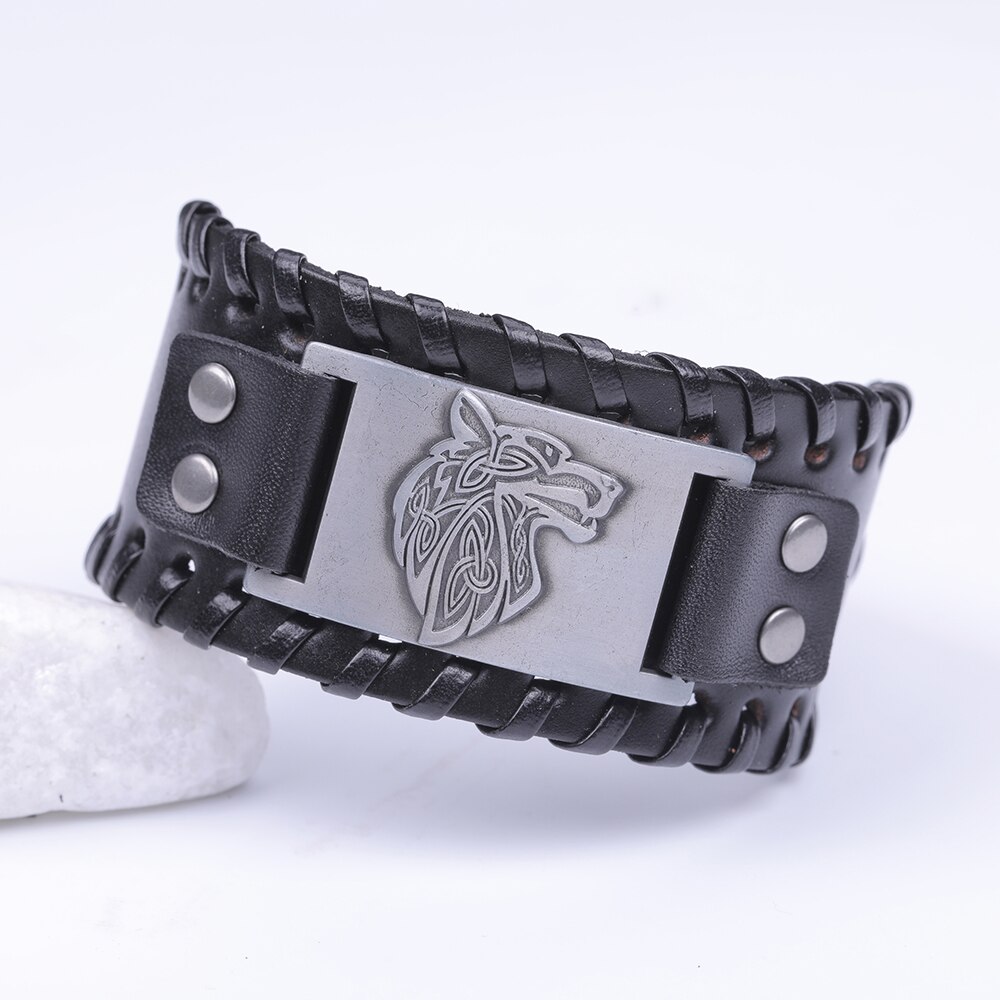 Dawapara Viking Wolf Hoofd Armband Voor Mannen Badge Charm Punk mannen Zwart Lederen Armband Brede Leren Armbanden Voor Vrouwen