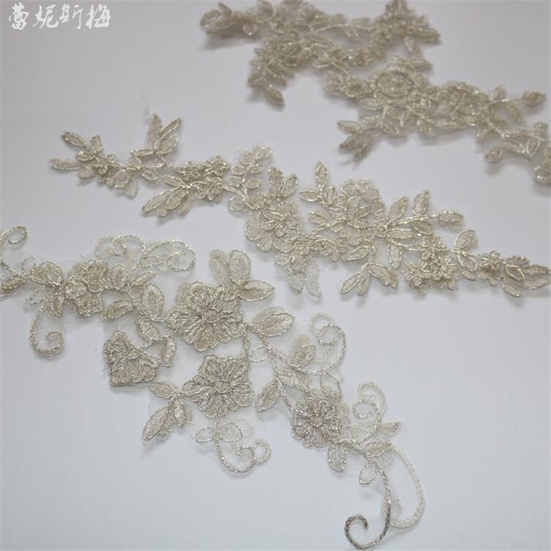 3Pairs Zilver Delicate Bruiloft Sluier Hoofd Ornamenten Lace Applique Lace Trim Dress DIY Kant Accessoires DIY Volledige Zilver BD0561