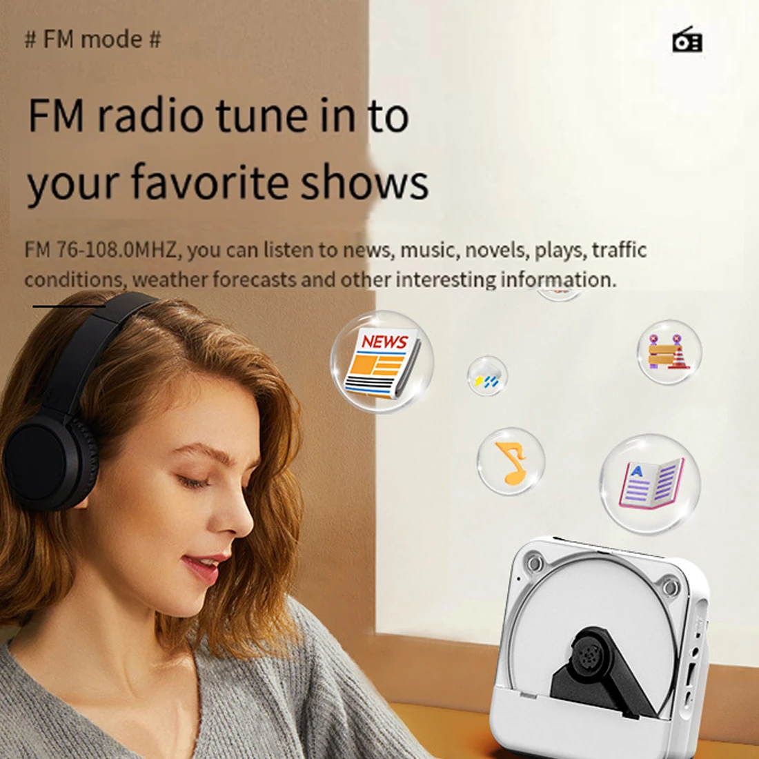 Woopker Portable CD Player KC-818 Stereo Playback Bluetooth 5.1 Built-in 2000mAH Battery with IR Remote Control Support USB/FM