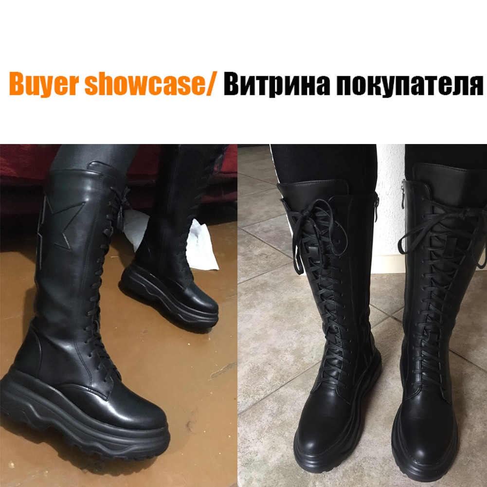 DoraTasia Big Size 33-43 Mid-kalf Platform Motorlaarzen Vrouwen Winter Dames Lace-up hoge Hakken Schoenen Vrouw