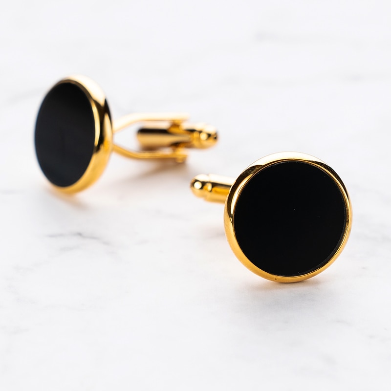 Luxury Gold Tuxedo Cufflinks and Studs Set Black Enamel Round Cuff Button Set For Mens Suit French Shirt Business