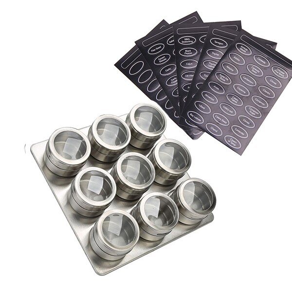 6/9/12 Pieces Magnetic Spice Jars Stainless Steel Salt Tins Pepper Shakers Spice Jar Rack Organizers Container With Base Labels: 9pcs