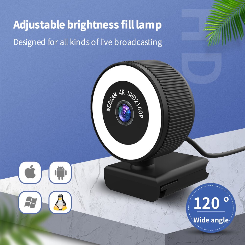 Cámara Web 4K con micrófono, Webcam gran angular C560 de 120 °, 800W, USB, lámpara de llenado de brillo integrada