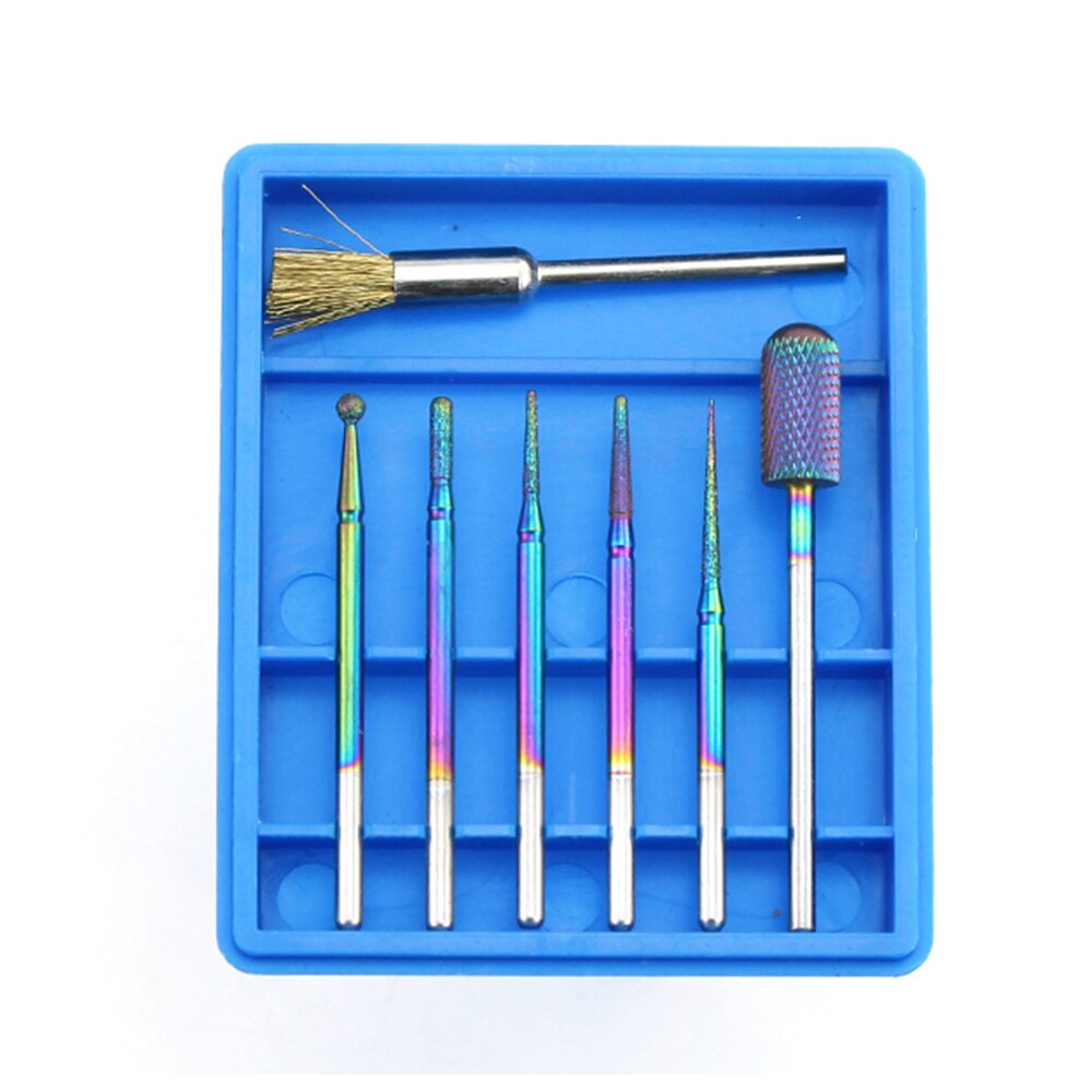 7 stk/sæt diamant hårdmetal fræser regnbue neglebor børste til manicure elektriske maskine bits burr nail art værktøjer