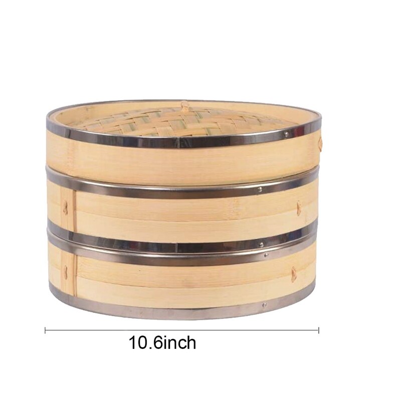 10 in 2 Tier Bamboo Steamer for Steaming Dim Sum Dumplings Buns Vegetables Meat Fish Rice(With 100 Steamer Paper Liners)