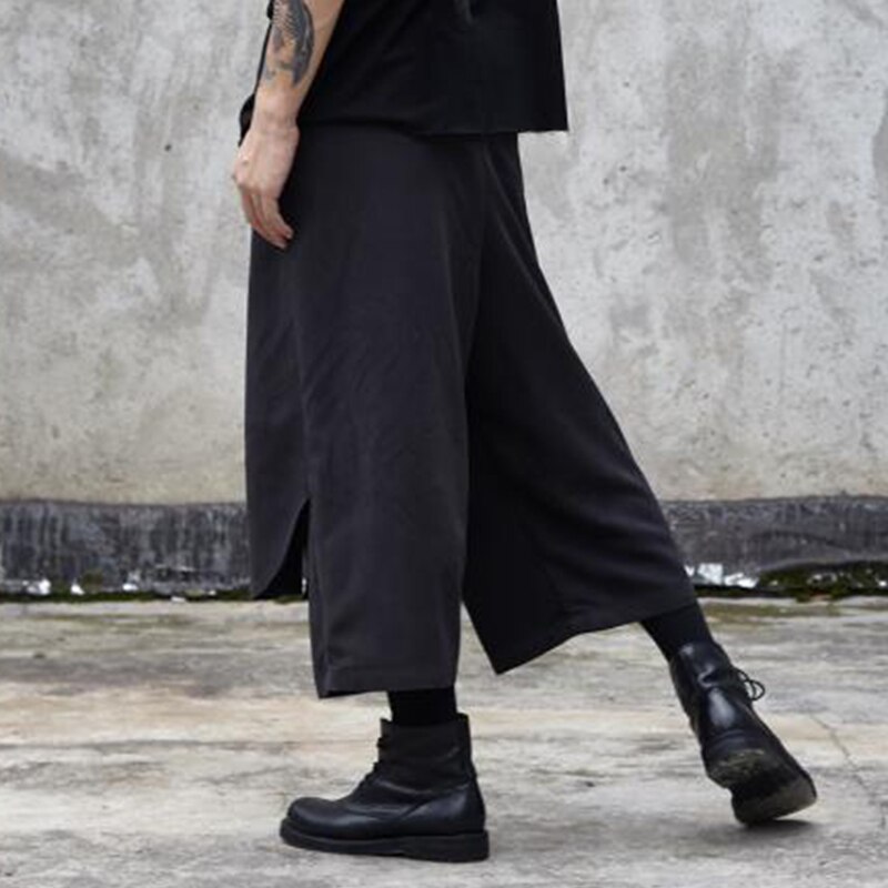Men's pants summer wide-leg pants slacks men's faux two-piece shorts culottes Black hip-hop Gothic punk Yamamoto style