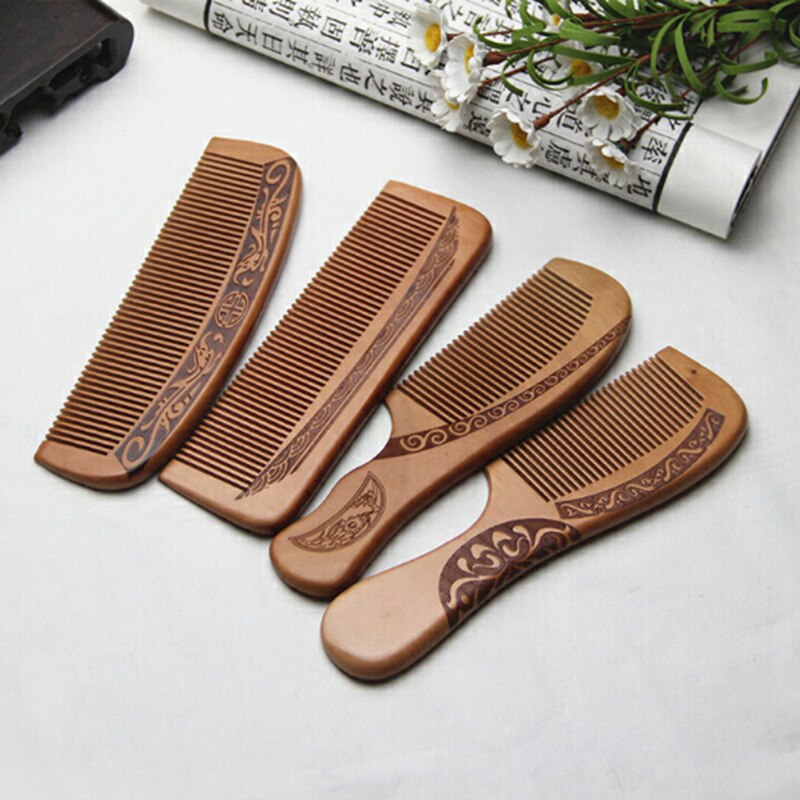 1pc Anti-Static Comb Natural Peach Solid Wood Comb Engraved Peach Wood Healthy Massage Hair Care Tool Beauty Accessories