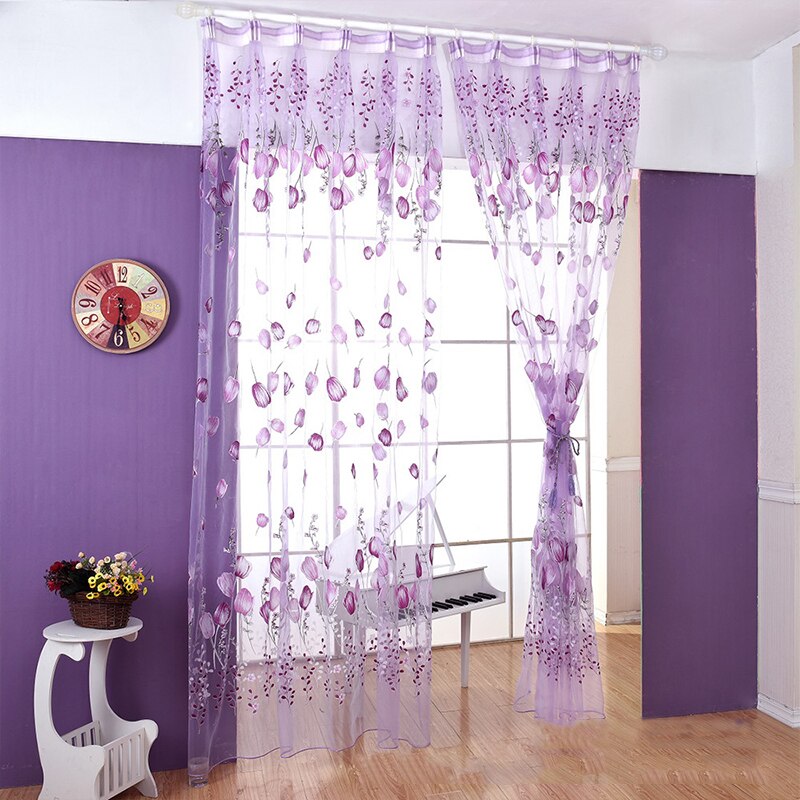 Cortinas de tul de tulipán para dormitorio de niños, visillo moderno de color púrpura para puerta, cocina y ventana, sombreado solar, 100x200cm