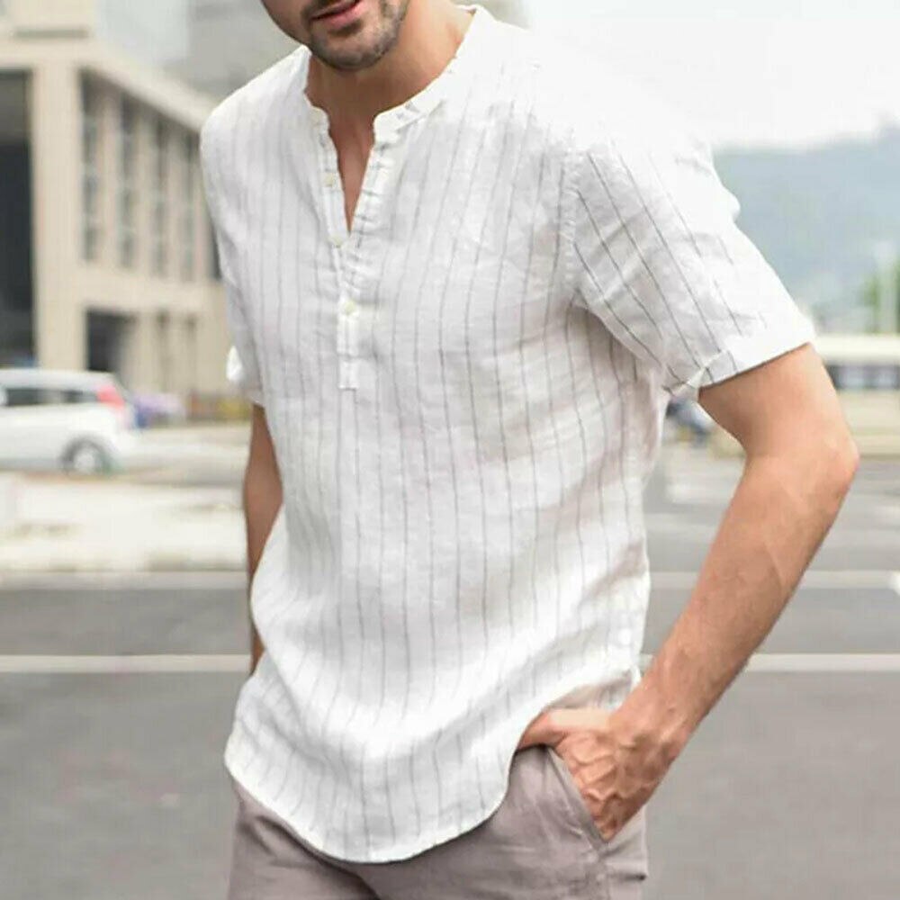 Summer Men's Shirts Linen V Neck Short Sleeve Striped Basic Pullover Gray Slim Tee Stand Collar Casual Tops M-2XL