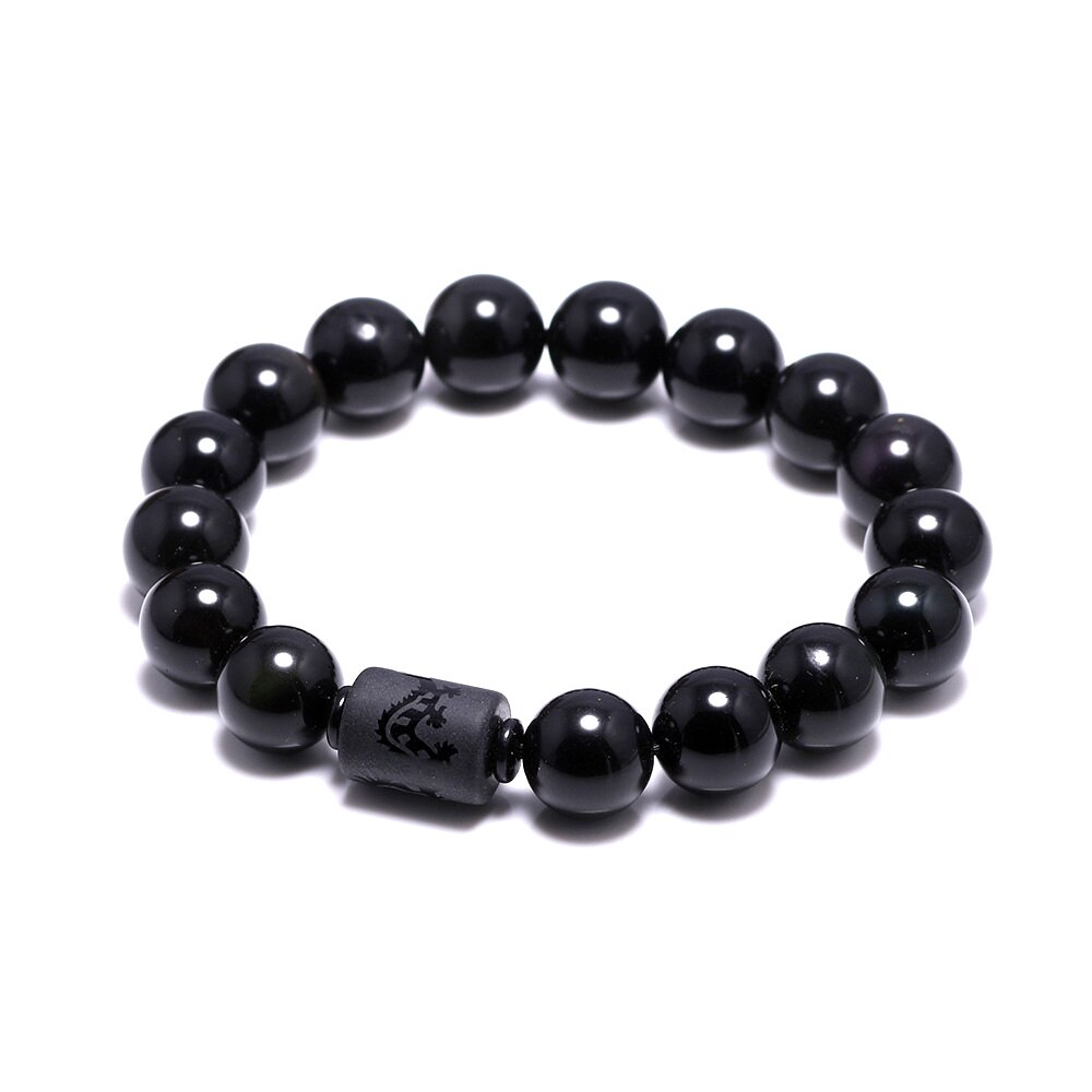 Véritable pierre naturelle noir obsidienne Bracelets pour hommes et femmes Dragon Phoenix Totem graver cristal Feng Shui bijoux