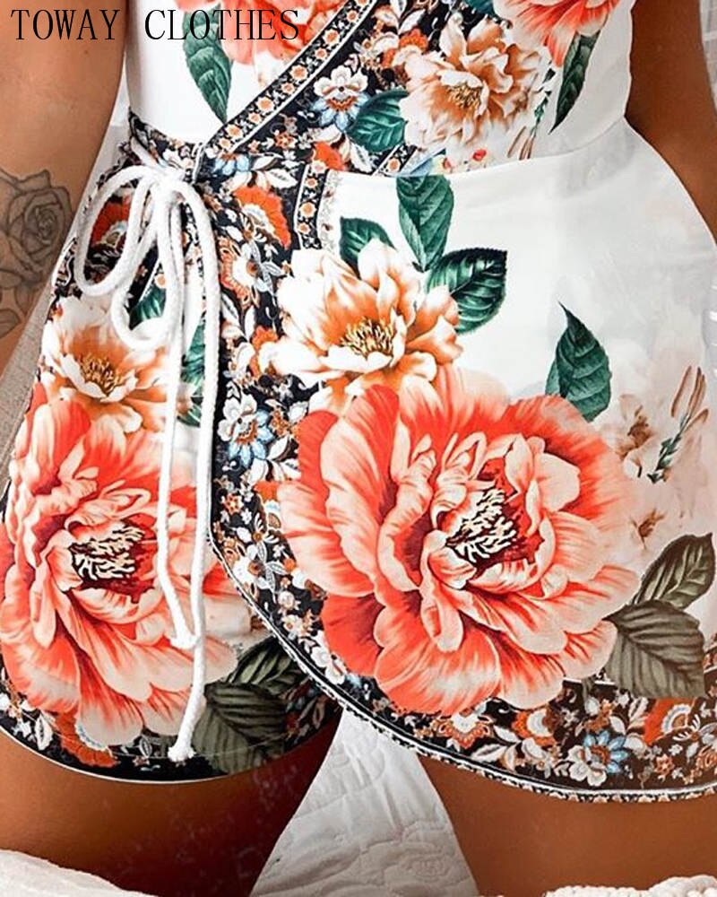 Mono con estampado Floral y cuello de pico para mujer, Peto corto sin mangas informal de verano