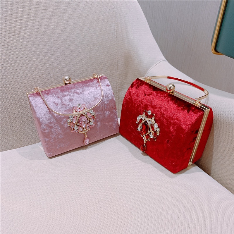 Luxury Boxed Evening Bag Velvet Retro Square Handbag Female Diamond Clutch Bag Gold Wedding Party Purse