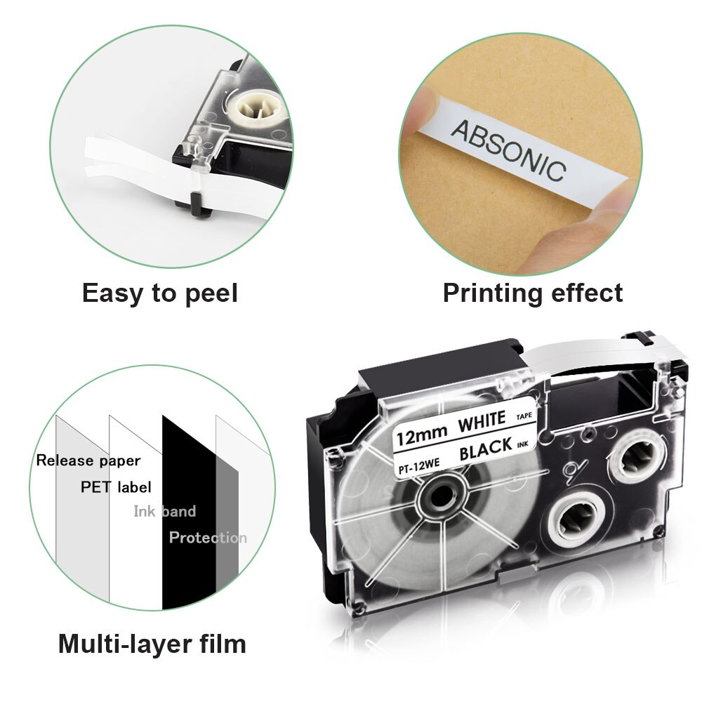 Absonic 4PCS XR-12X XR-12WE Black on Clear/White Label Tape Cartridge Compatible for Casio KL-120 KL-100 KL-820 KL-7200 Printer