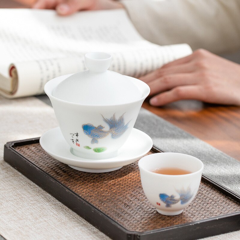 Deksel bolle te kopp hjemmestil keramisk hvittøy stor deksel bolle te bolle sau fett jade enkelt kung fu te sett gaiwan