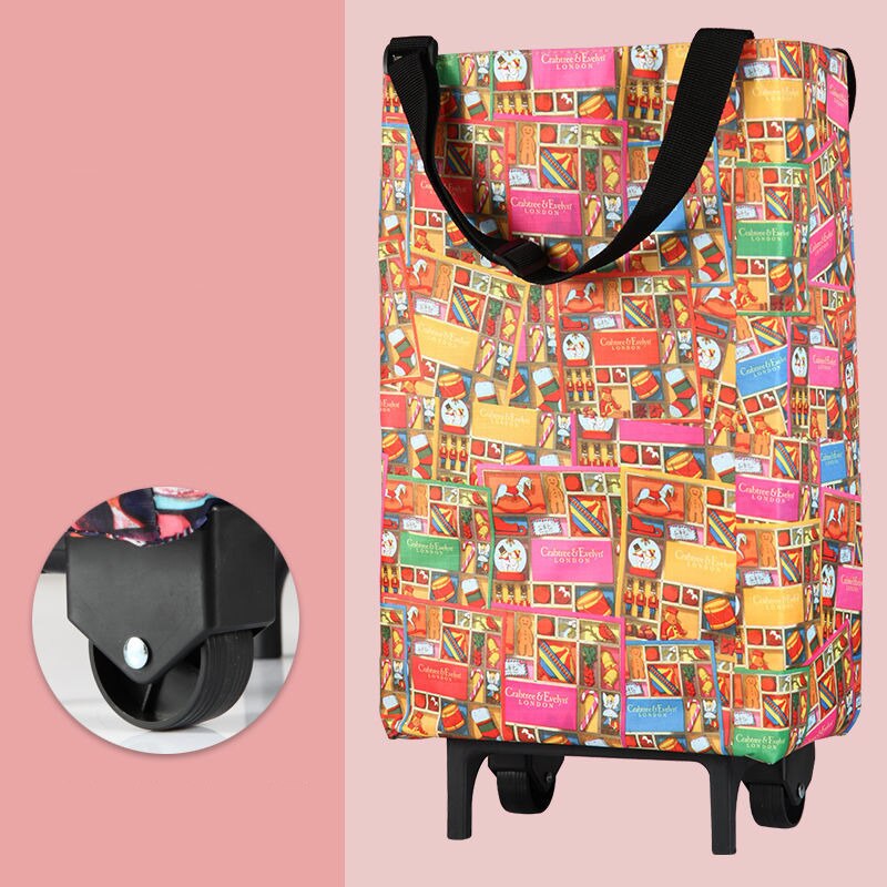 Liten dragvagn shopping mat förvaringsväskor vagn organisator väska på hjul väskor fällbar bärbar shoppingväska köp grönsaker väska: D