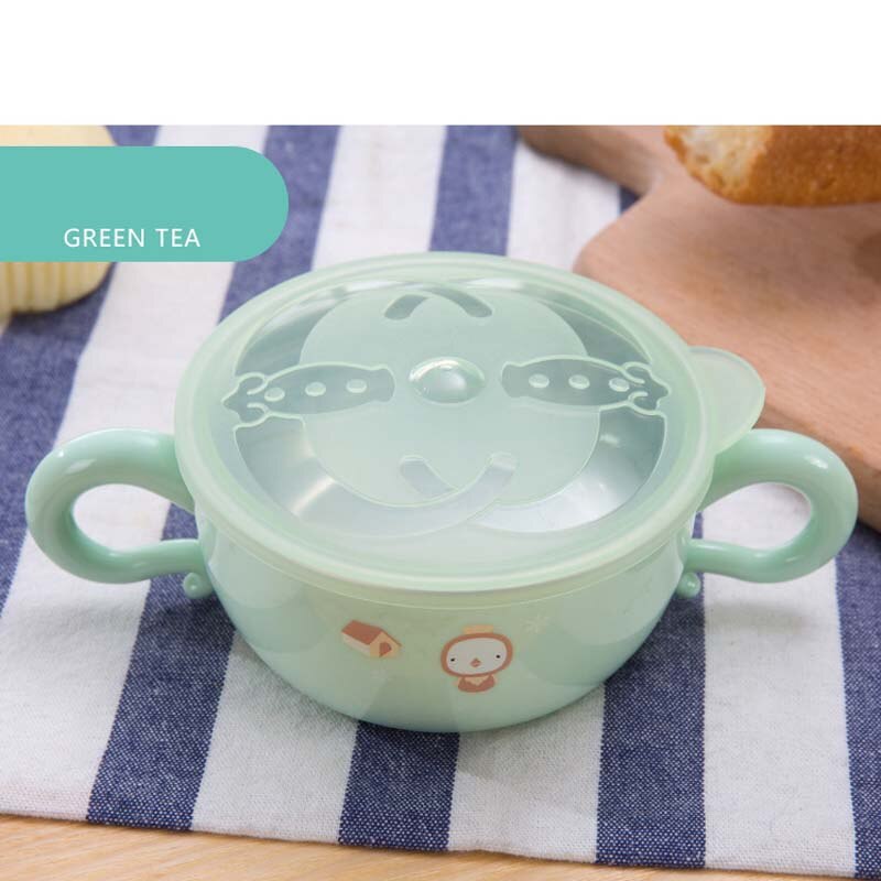 Kinderen met deksel babybekers roestvrij staal dier schattig baby drinkgerei met handvat natuurveilig materiaal kinder drinkgerei: Groene kom