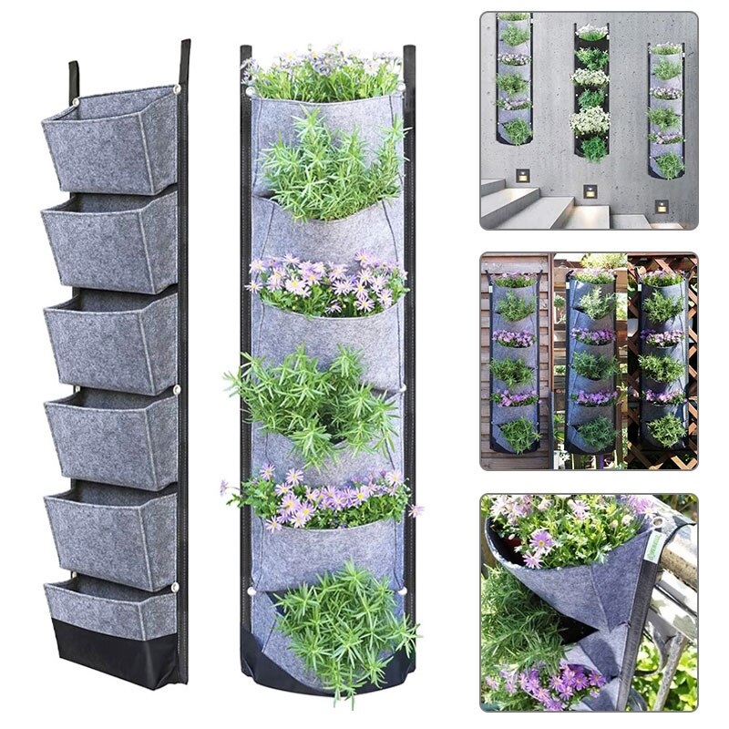 Maceta colgante Vertical de 6 bolsillos para jardín, macetas de flores, impermeable, montaje en pared, bolsa para colgar, uso interior y exterior