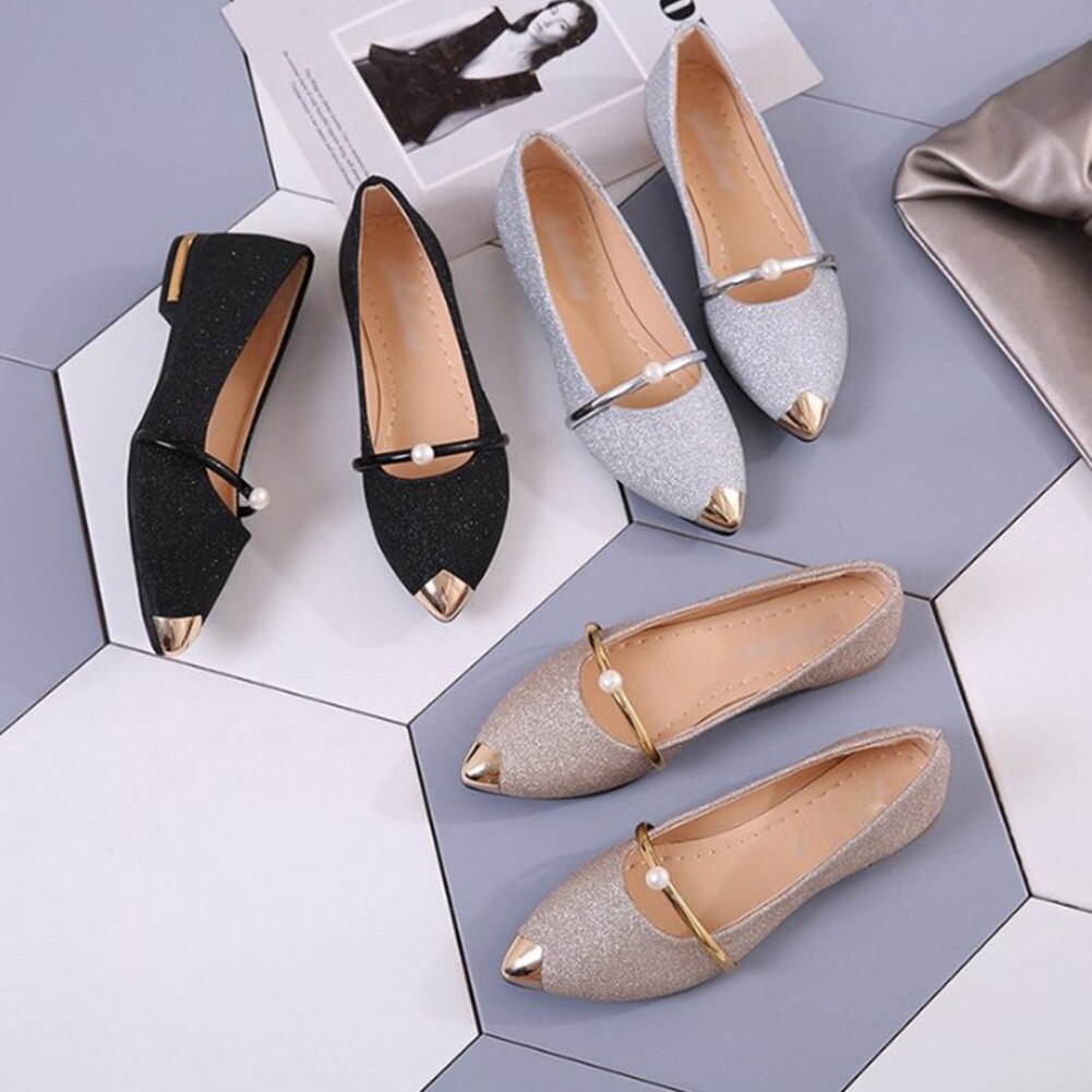 Printemps femmes chaussures plates décontracté talons plats perle femmes chaussures confort bout pointu ballerine Ballet brillant sans lacet chaussures plates