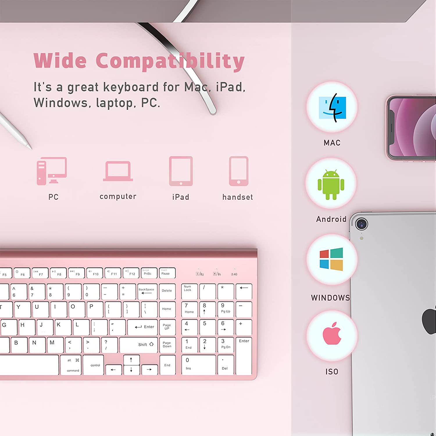 Bluetooth Keyboard-Compatible With Windows And MacOS Wireless Bluetooth Keyboard (Standard QWERTY Keyboard)-Silver-Blue-Pink.