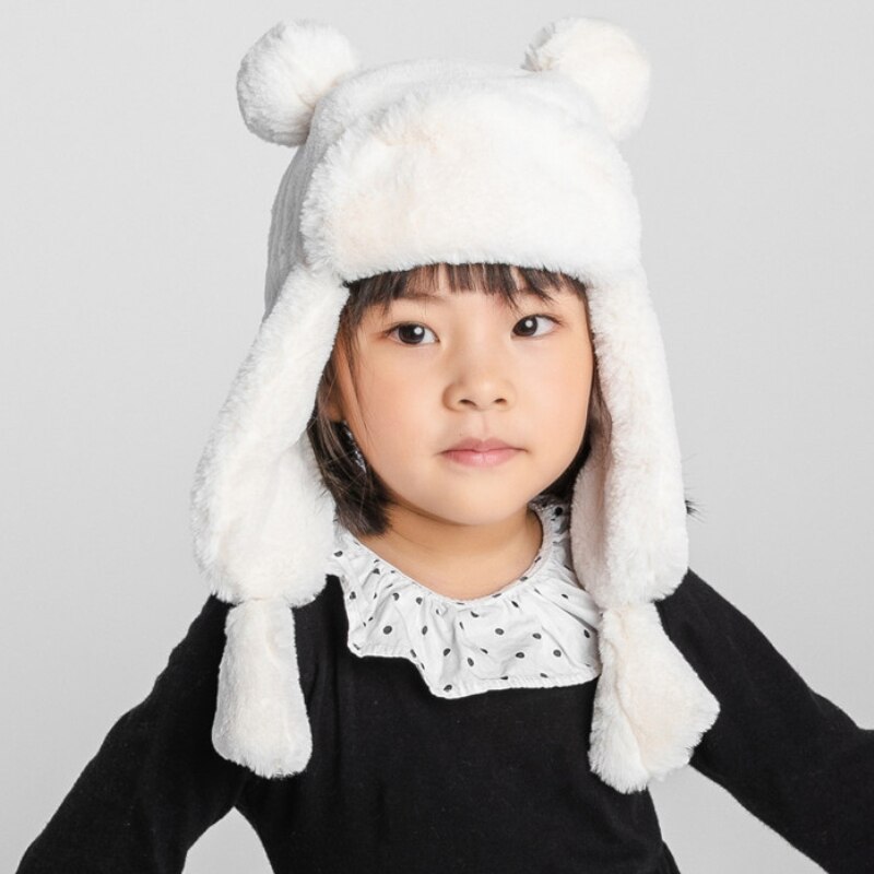 Girls Bomber Hat Faux Fur Hats Winter Windproof Warm Ear Protect Bomber Russian Ushanka Cap: White