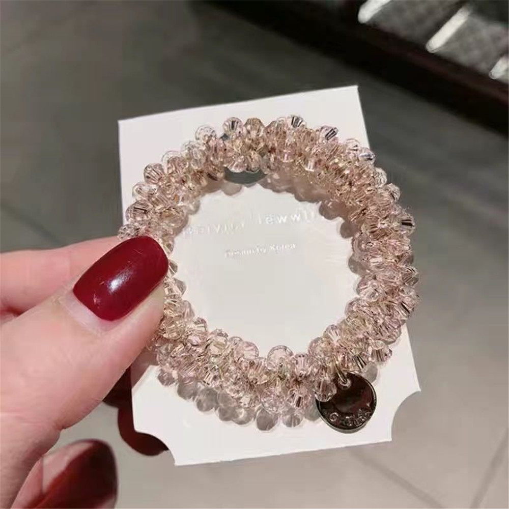 1 unidad de lazos para el cabello con perlas de cristal para mujer, coleteros elásticos hechos a mano con cuentas, accesorios para el cabello con cuerda para niña: Gris