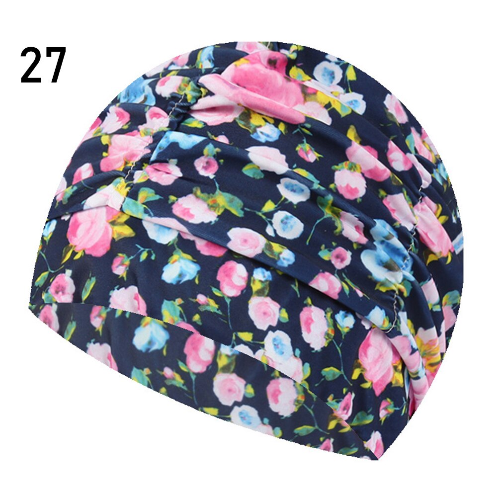 Shower Cap Elastic Nylon Turban Flowers Printed Swimming Cap Pool Bathing Hat Long Hair Protect Waterproof Hats for Men Women: 27