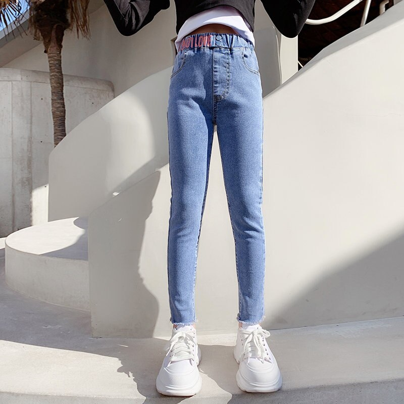 Skinny Fit Children's Jeans 4 5 6 7 8 9 10 12 14Years Teenager Slim Jeans Korean Solid Color Denim Pencil Pants Student Girls: Blue / 9