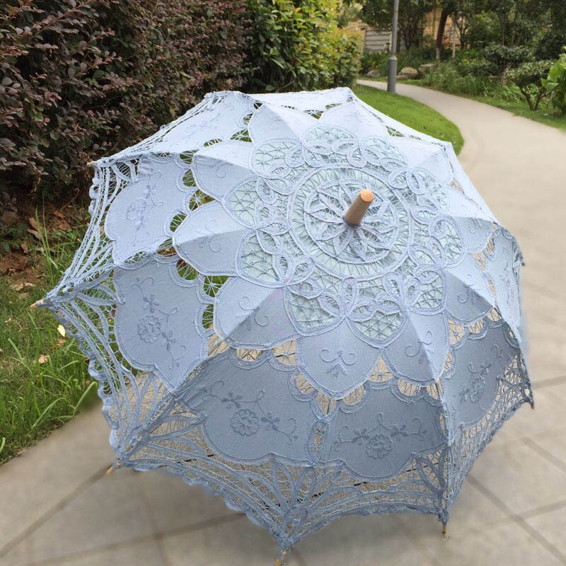 Forest Wedding Party Decoration Bride Photo Shoot Prop Handmade Battenburg Lace Parasol Bride Party Sun Umbrella: Light blue