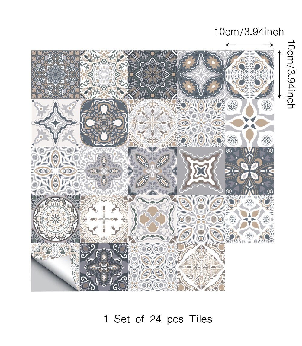 24 Pcs Waterproof PVC Retro Pattern Floor Tile Stickers Kitchen Wall Oilproof Sticker Home Decoration Living Room Decor: 10x10cm