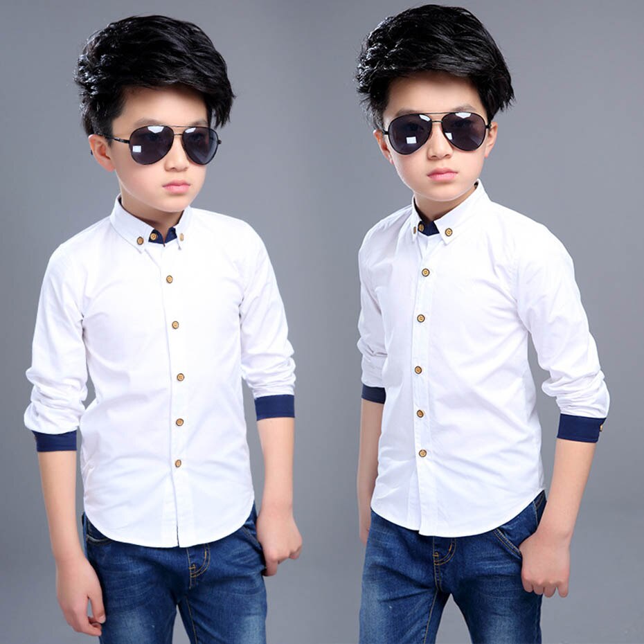 Knappe Jongens Shirts Effen Wit Shirt Voor Jongens Lange Mouw Tiener Jongens Kleding Mode Lente School Shirt Jongens 6 8 10 12 14