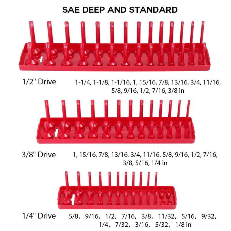 Socket Organizer Tray 3 PC 3 Row Trays SAE Socket Holder 1/4, 3/8, 1/2-Inch Drive Tool Box Organizer