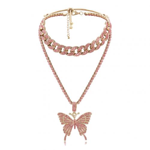 Vrouwen Mode Punk Stijl Rhinestone Vlinder Hanger Collier Sieraden: Roze