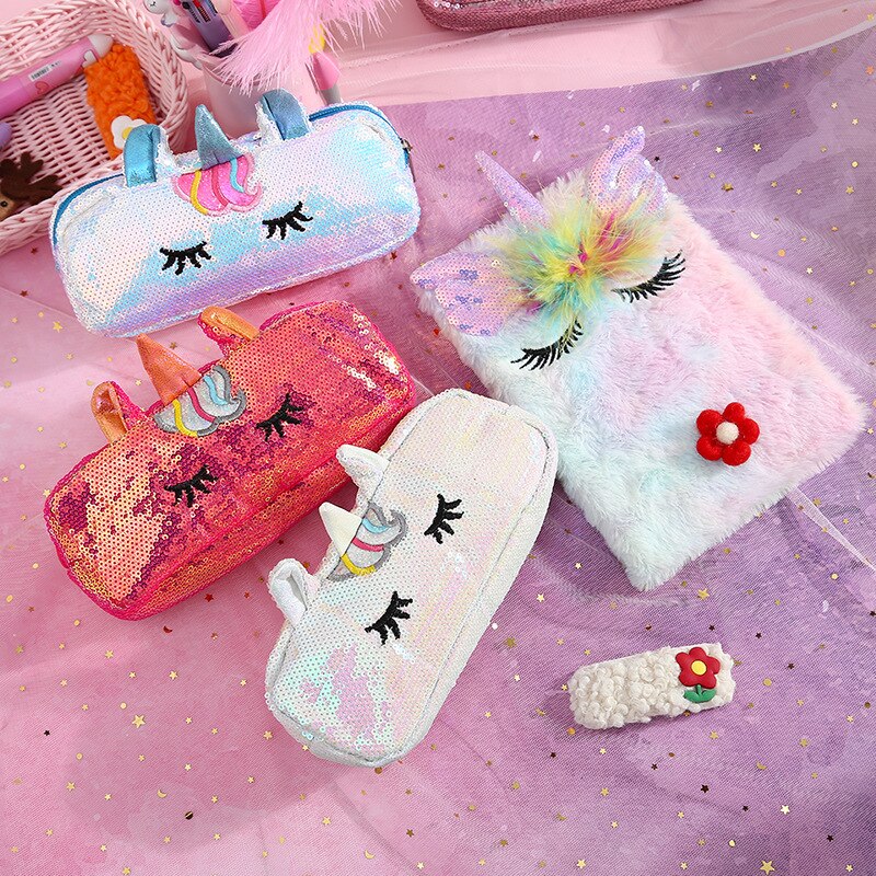 Unicorn Pencil Bag Sequins For Girls School Supplies 2PCS