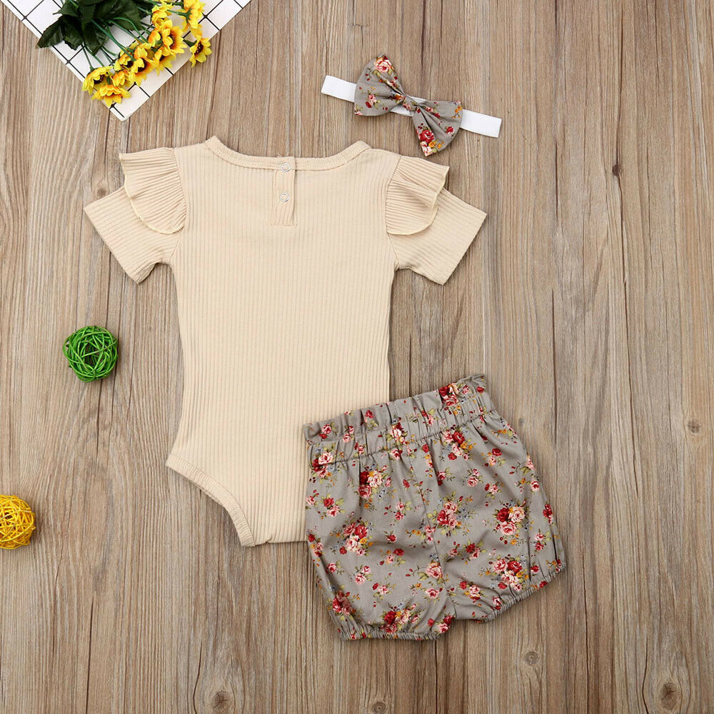 Baby Zomer Kleding Pasgeboren Baby Baby Meisje Jongens Kleding Sets Solid Geribbelde Romper + Bloemen Pp Shorts + Hoofdband 3Pcs Outfit