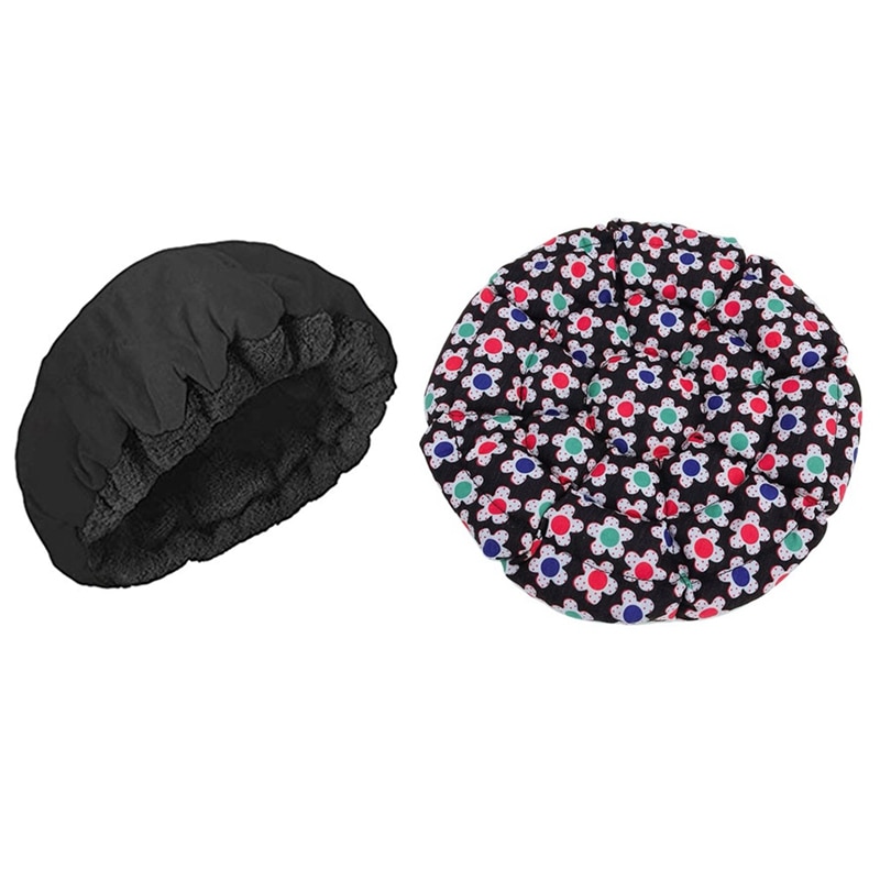 2 unidades de gorro de calor para acondicionamiento profundo, gorro de calor microlavable para cabello de acondicionamiento profundo, seguridad para el cabello de SPA-Color Floral y negro