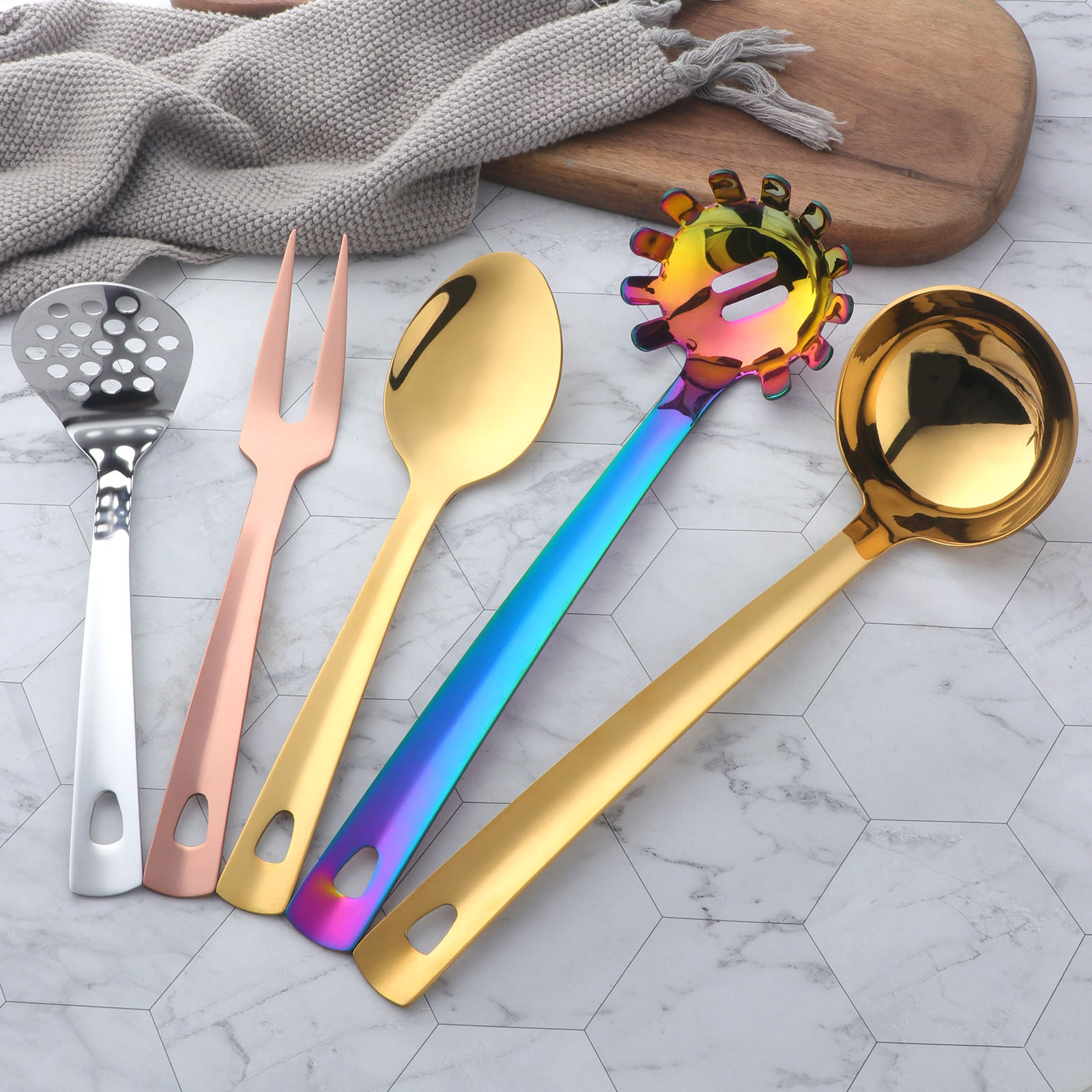 5Pcs Kitchen Utensils Set Stainless Steel Cooking Soup Spoon Spaghetti Ladle Potato Masher Serving Fork Set Hangable Kitchenware
