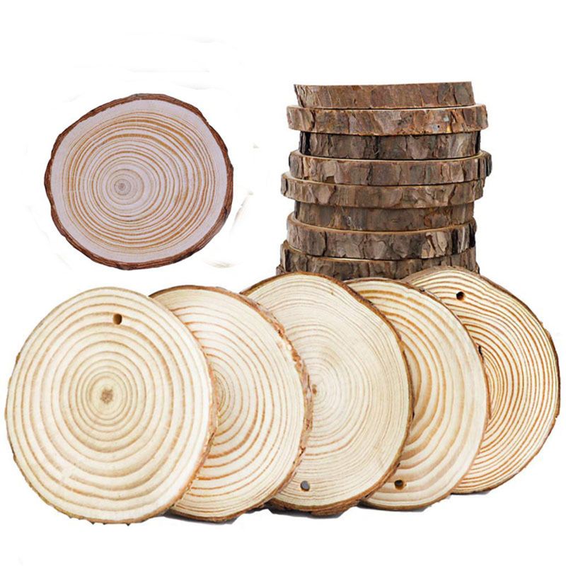5pcs Unfinished Natural Round Wood Slices Circles With Tree Bark Log Discs T5EC