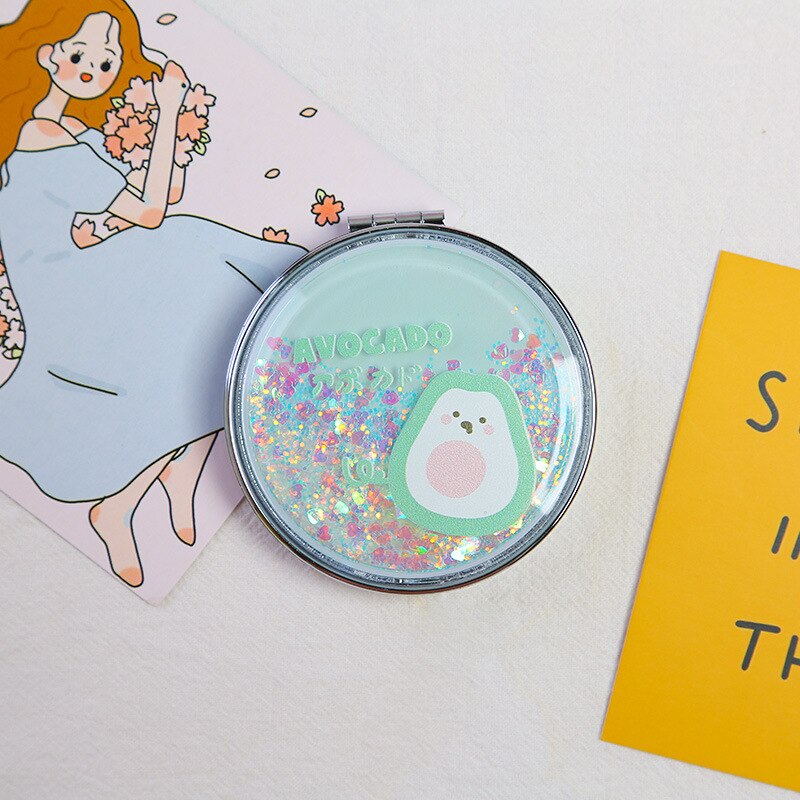 Portable Double-Sided Folding Cosmetic Mirror Girl Flowing Sparkling Sand Mini Avocado Makeup Mirror Compact Pocket Mirrors: A