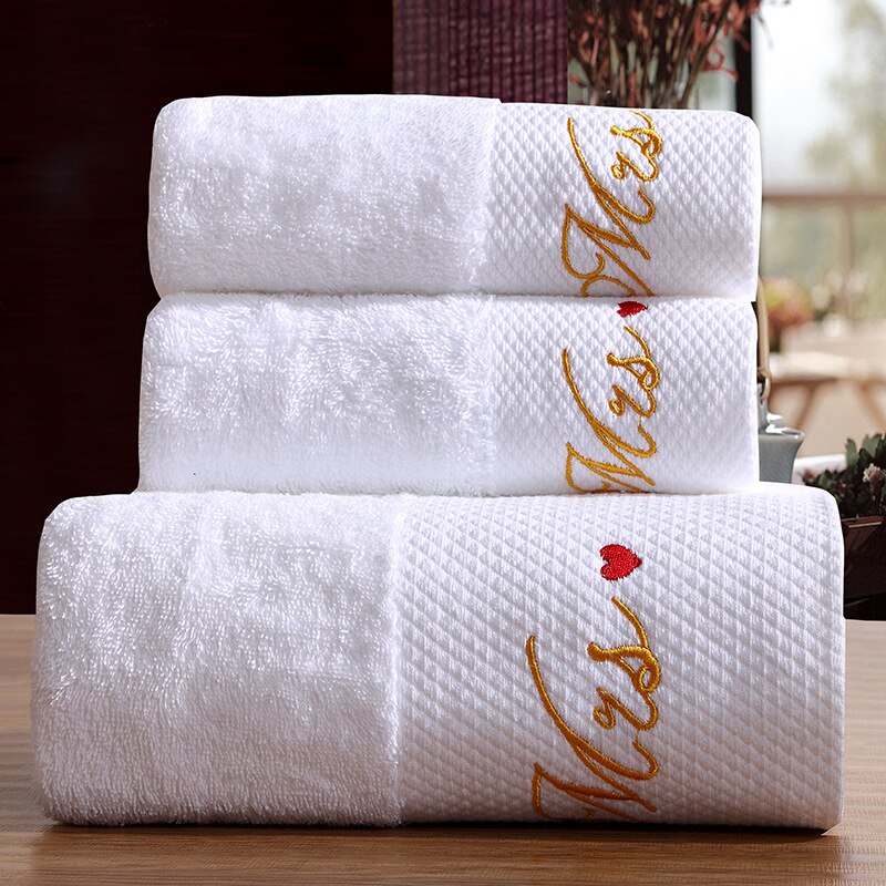 Cotton Bath Towels White Embroidery Star Hotel Luxury Bath Towel Sets Soft Face Towel Strong Water Absorbent Household Bathroom: Design 1 / 3pcs Towel Set