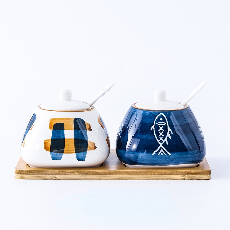 Ceramic seasoning pot set kitchen household salt shaker seasoning box seasoning bottle seasoning sugar MSG seasoning pot: Two - tray-B